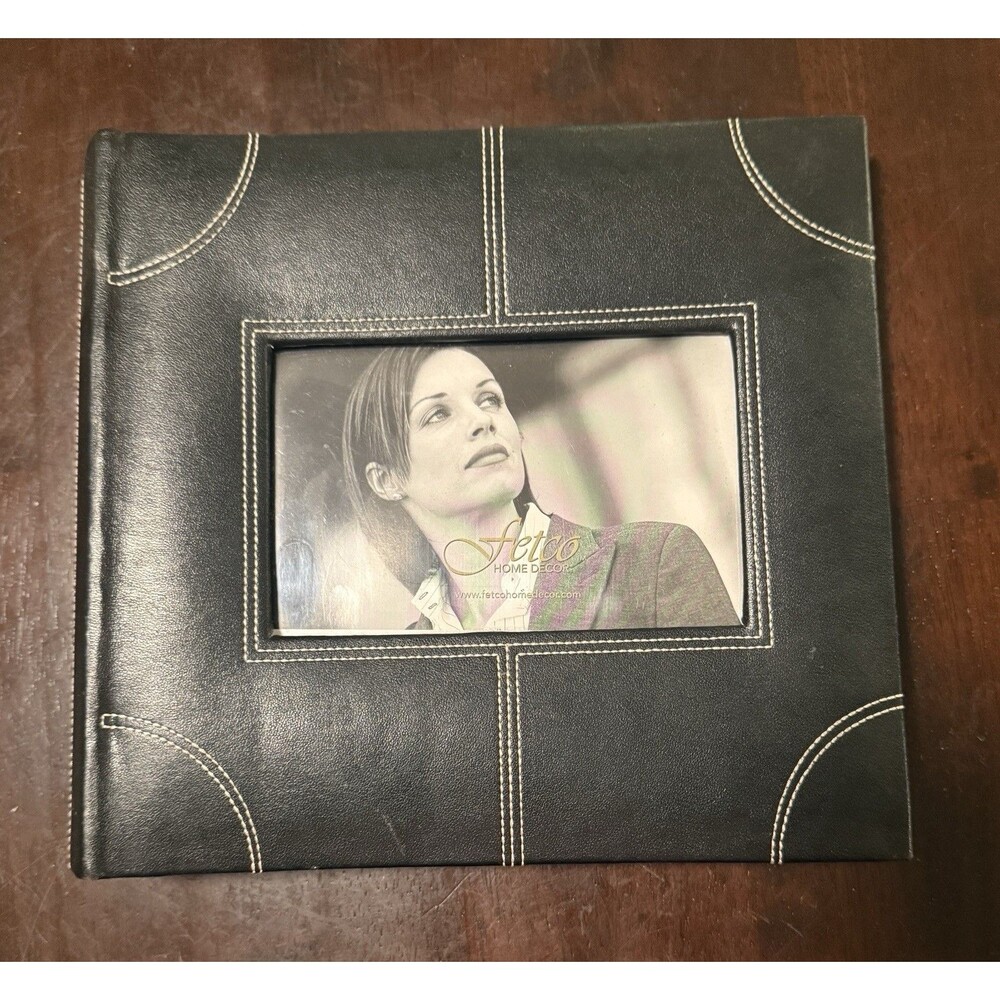 NWT Black Faux Leather White Stitching  Pocket Photo Album Notes Spaces Fetco